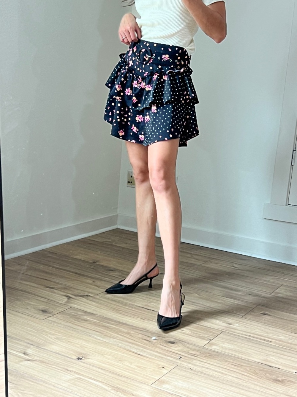 NWT Polka dot and Floral Ruffle For Love and Lemons skirt  with belt